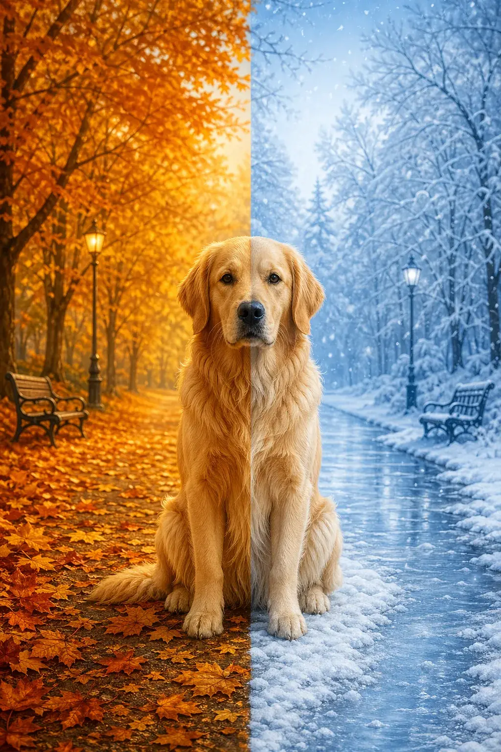 Un golden retriever dividido entre otoño e invierno