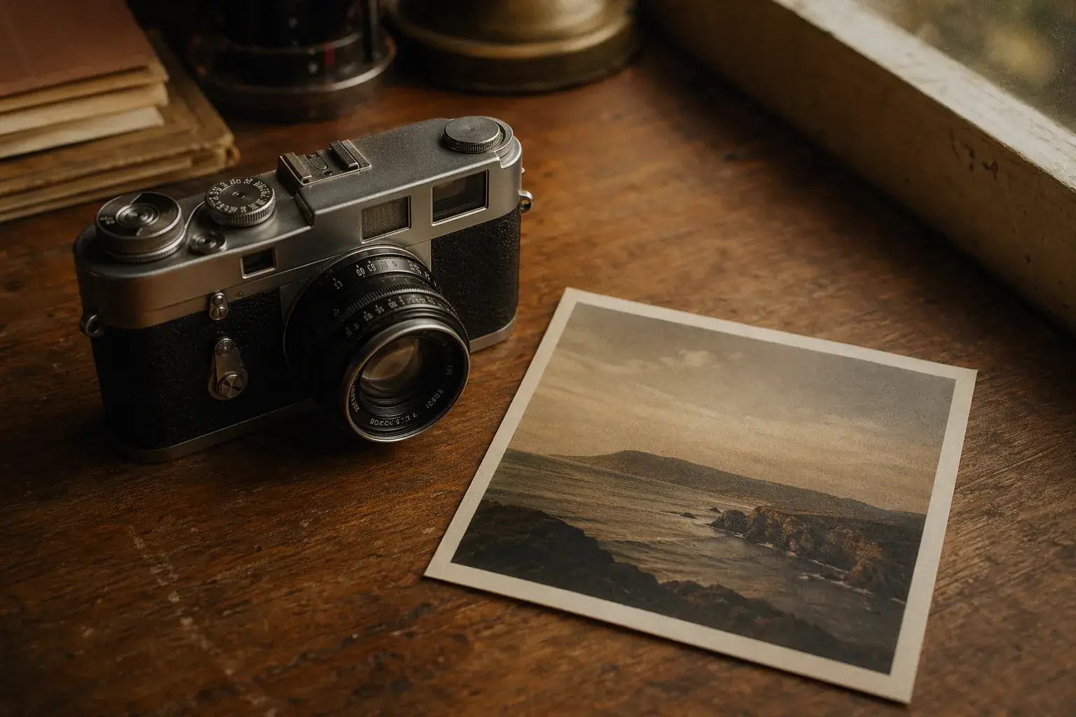 Una cámara de película vintage junto a una foto analógica recién impresa