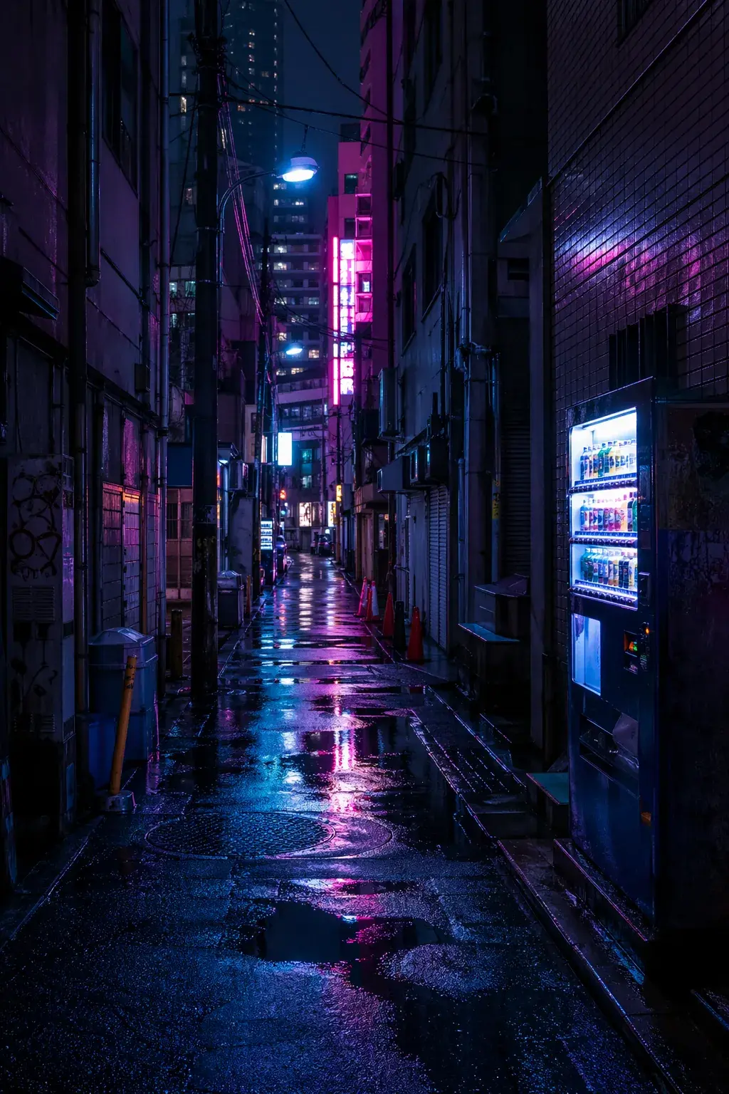Callejón de Tokio iluminado con neón por la noche