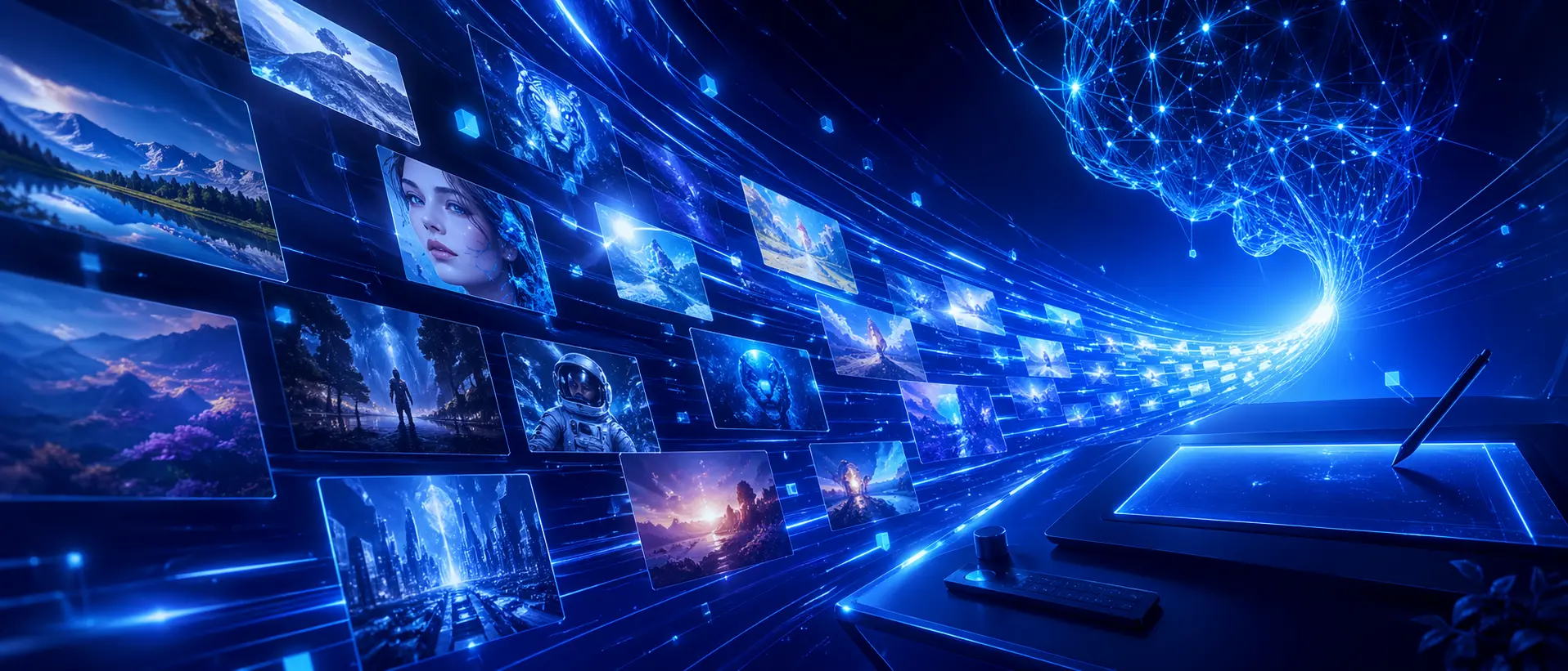 Espacio de trabajo futurista azul para generación de imágenes con IA